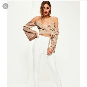 Nude wrap over cold shoulder blouse- Size 8